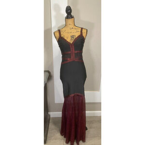 V Neck Full Length Bandage Wow Couture Mermaid Black & Red Dress Gown Sz Large
